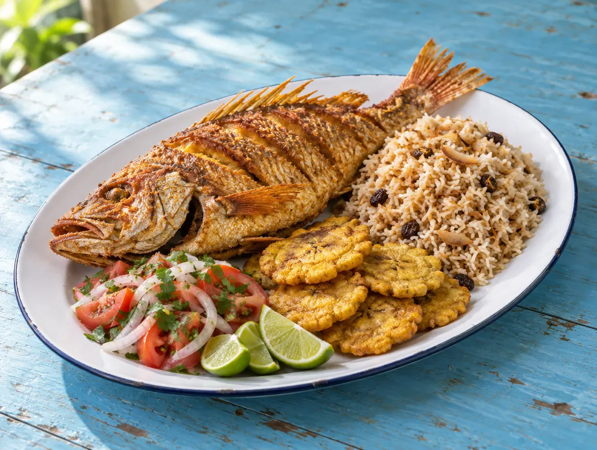 Pescado frito con arroz con coco