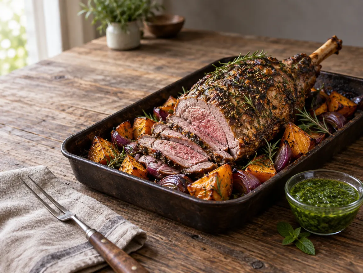 Roast lamb with kūmara and mint sauce