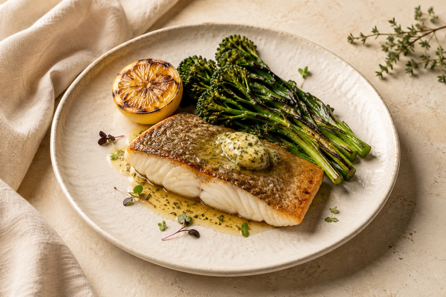 Pan seared barramundi served on a plate