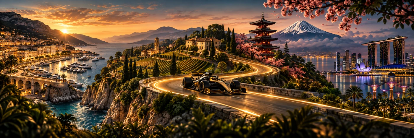 A golden road connects world destinations with a black and gold racing car