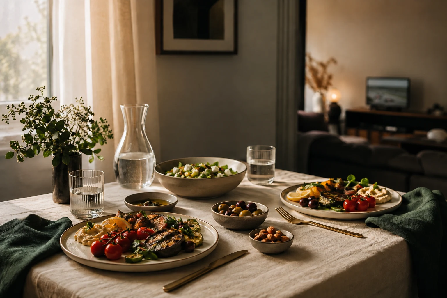 Illustrative dining scene with a meal for two and motor racing on television
