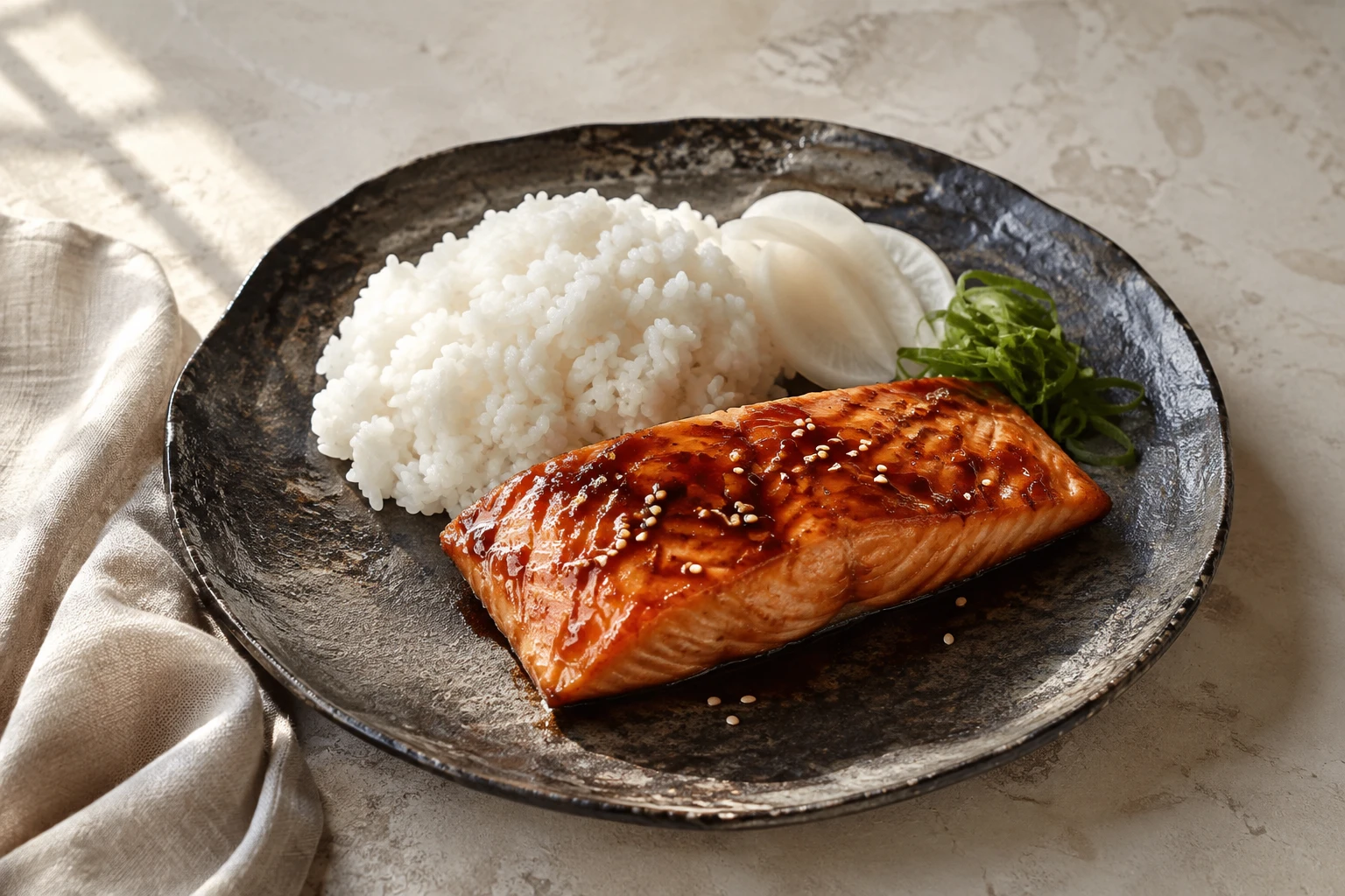 Teriyaki salmon served on a plate